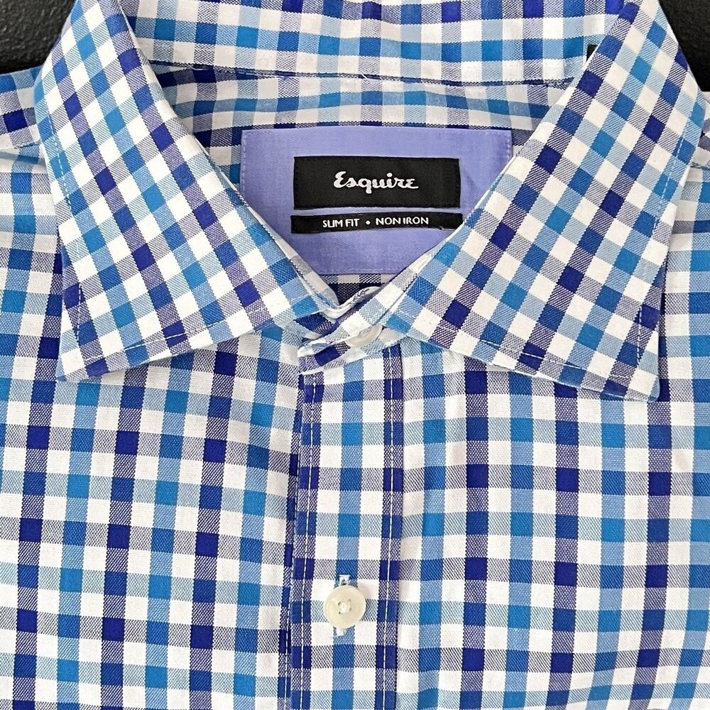 Esquire Men’s Button Down L 16 1/2 34/35 Blue Checker Long Sleeve Collar Cotton